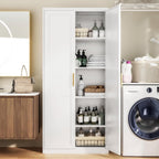 White metal storage cabinet in a laundry room next to a washer, doors open, supplies on the shelves