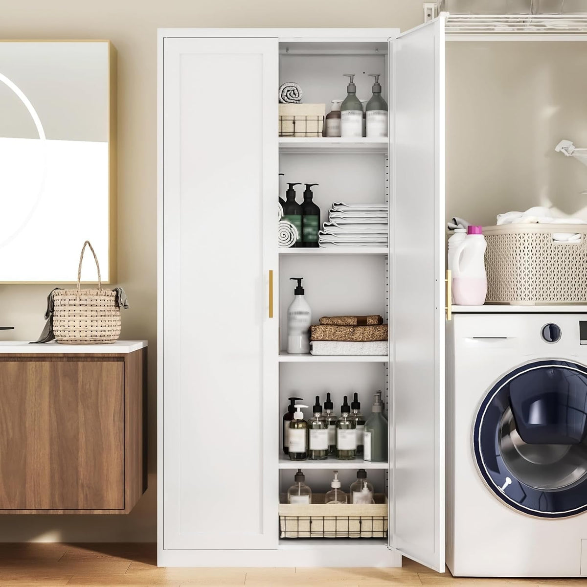 White metal storage cabinet in a laundry room next to a washer, doors open, supplies on the shelves