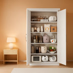 White metal storage cabinet in a bedroom with doors open, boxes and baskets on the shelves