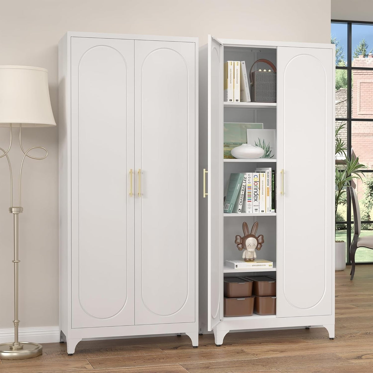 White metal pantry cabinet with 2 doors and gold handles, 75 x 32 x 16 in, closed front and side views