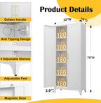 Dimension diagram: metal pantry cabinet 75 in high, 32 in wide, 16 in deep, listed 180 lb per shelf, magnetic door, golden handles, anti-tip kit