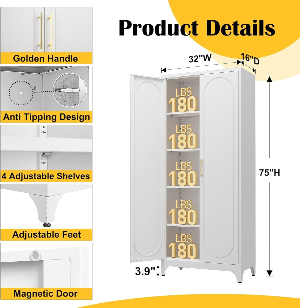 Dimension diagram: metal pantry cabinet 75 in high, 32 in wide, 16 in deep, listed 180 lb per shelf, magnetic door, golden handles, anti-tip kit