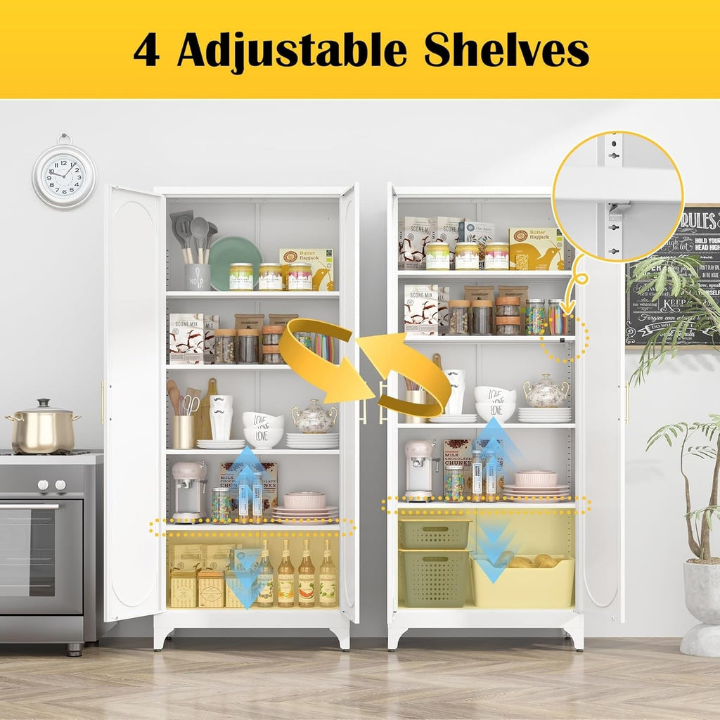 White pantry cabinet with 4 adjustable shelves, doors open, jars and pantry goods inside