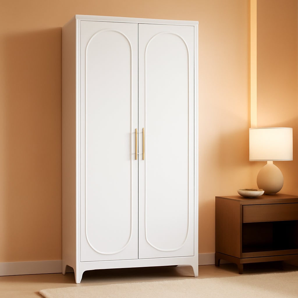 White metal pantry cabinet closed, standing beside a wood nightstand and lamp