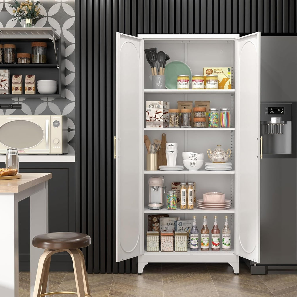 White pantry cabinet with doors open in a kitchen, snacks and pantry goods on five levels