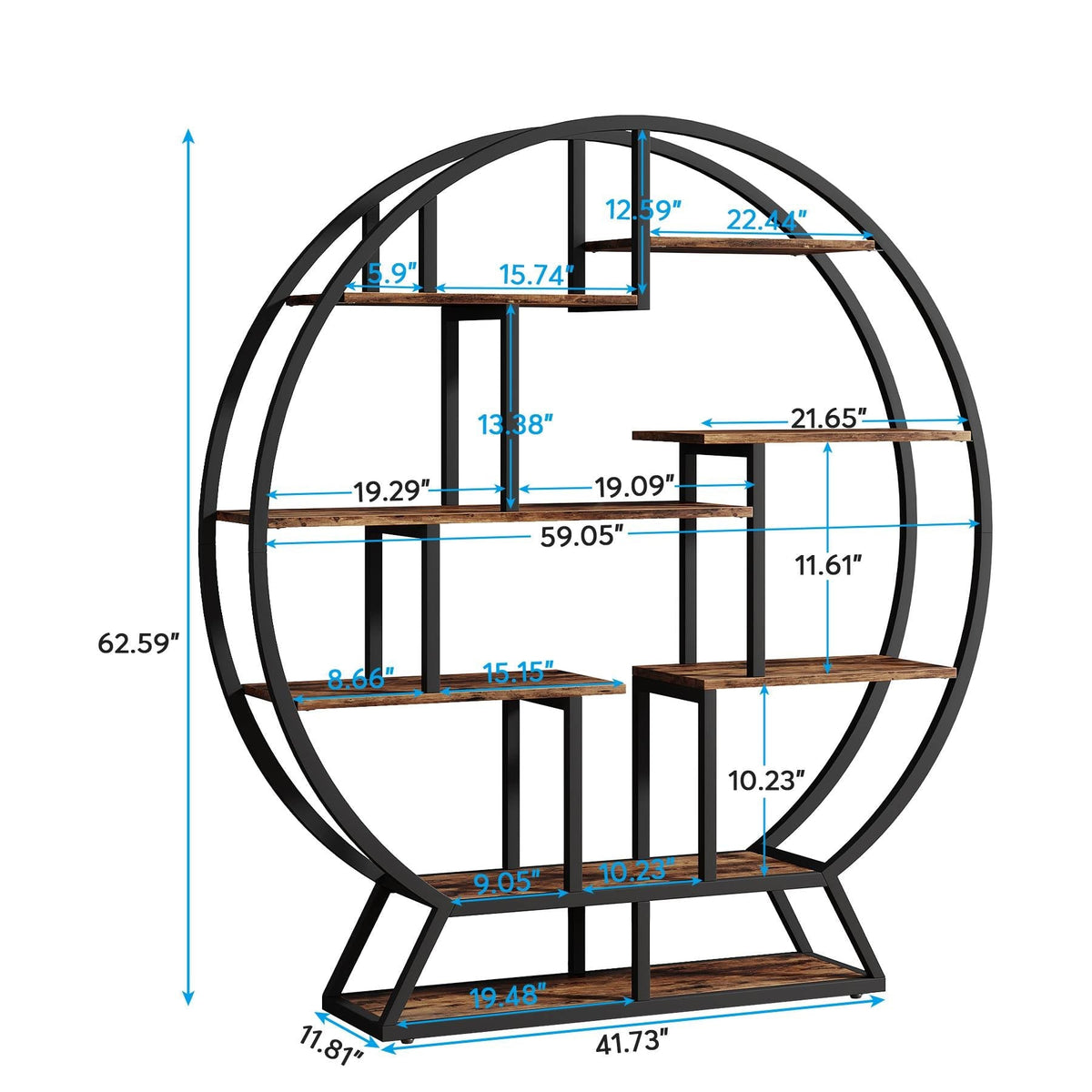 Dimension diagram showing 59.05 by 11.81 by 62.59 inches with each shelf width marked