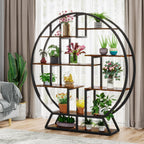 Round plant stand filled with plants standing in front of a curtained window