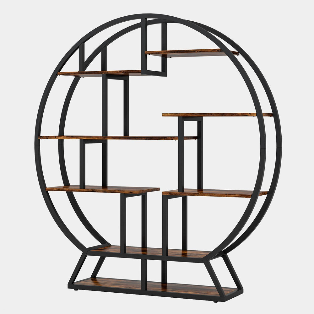Round eight shelf plant stand photographed empty against a plain background