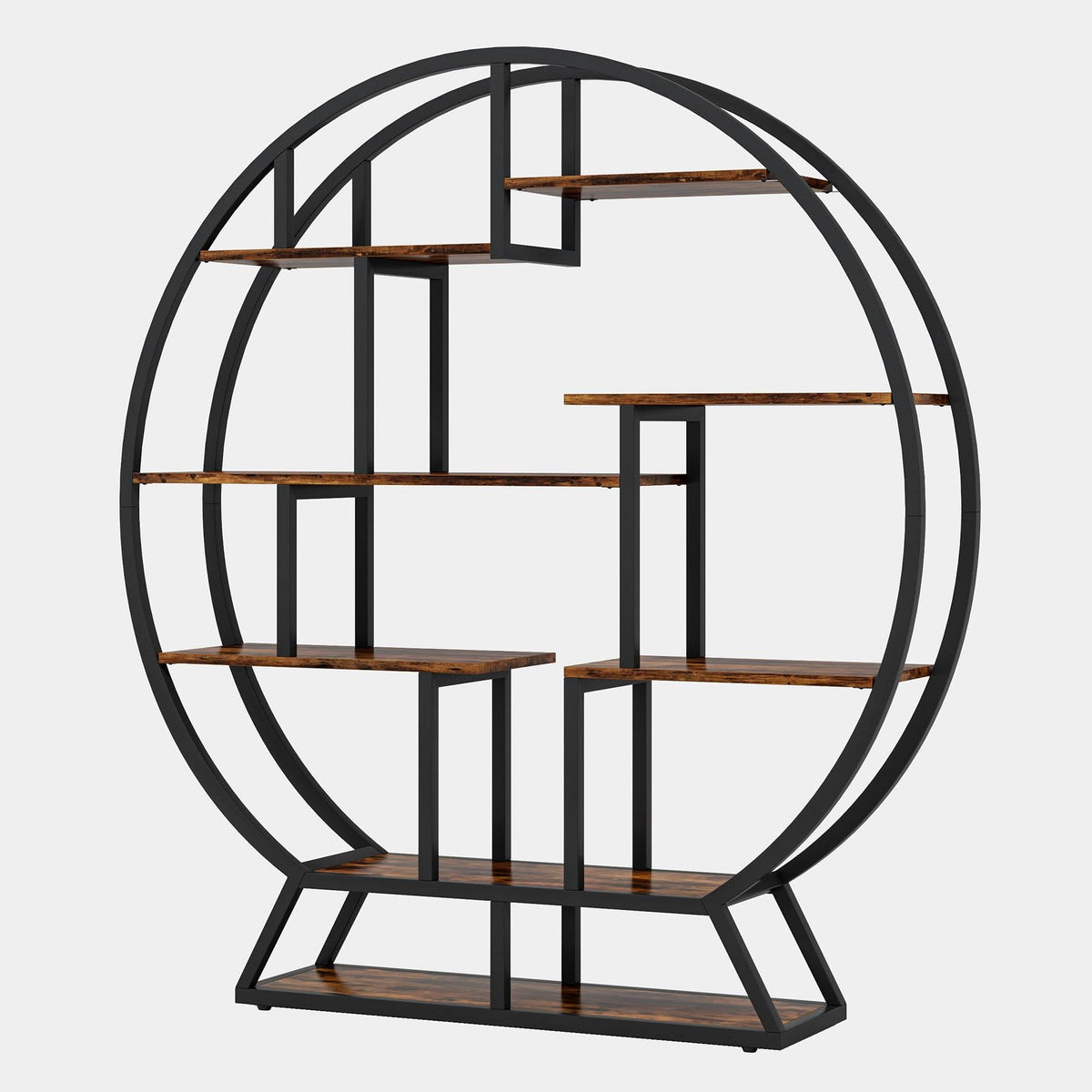 Round eight shelf plant stand photographed empty against a plain background