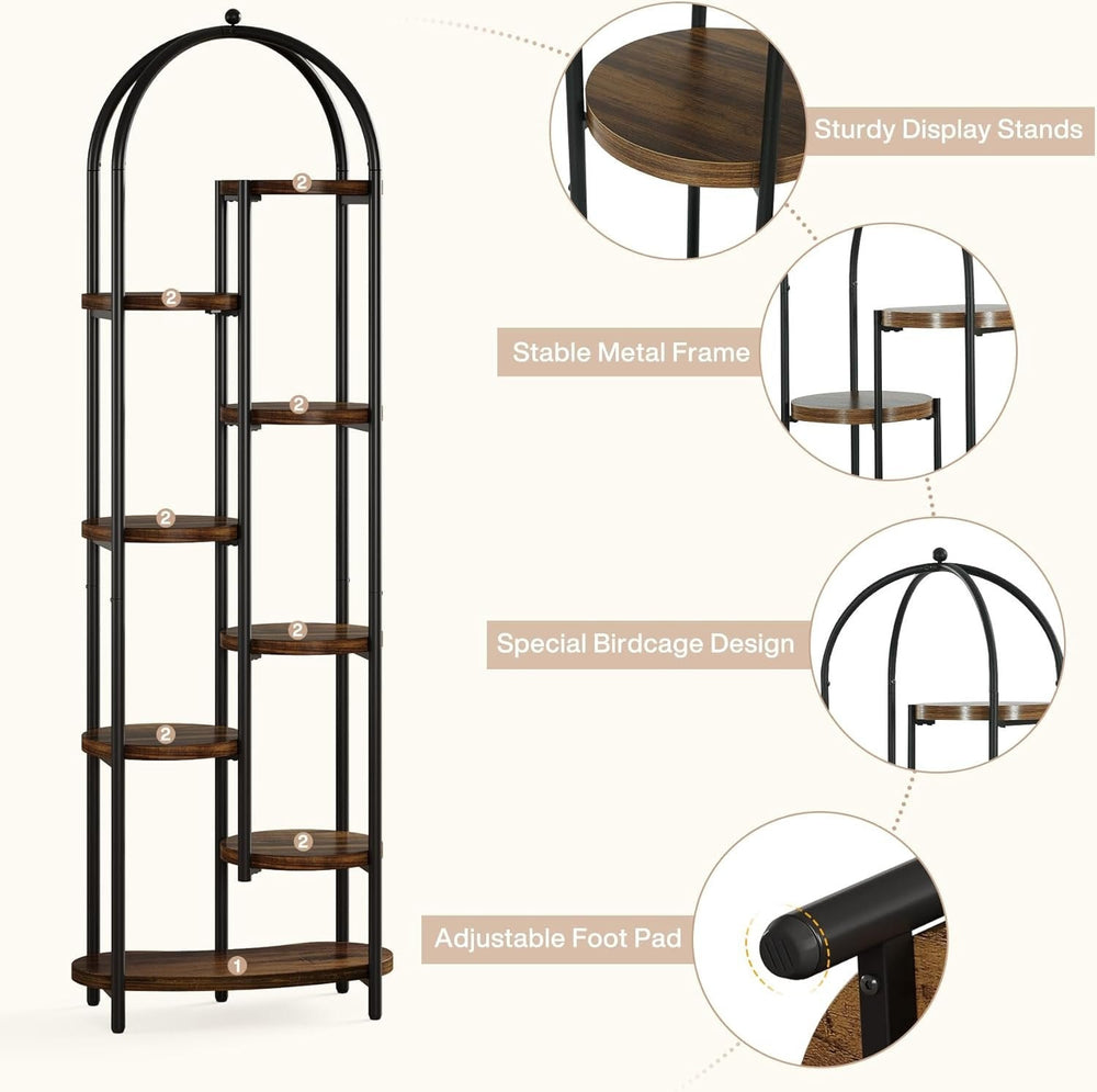 Feature callouts: sturdy display stands, stable metal frame, birdcage design, adjustable foot pad