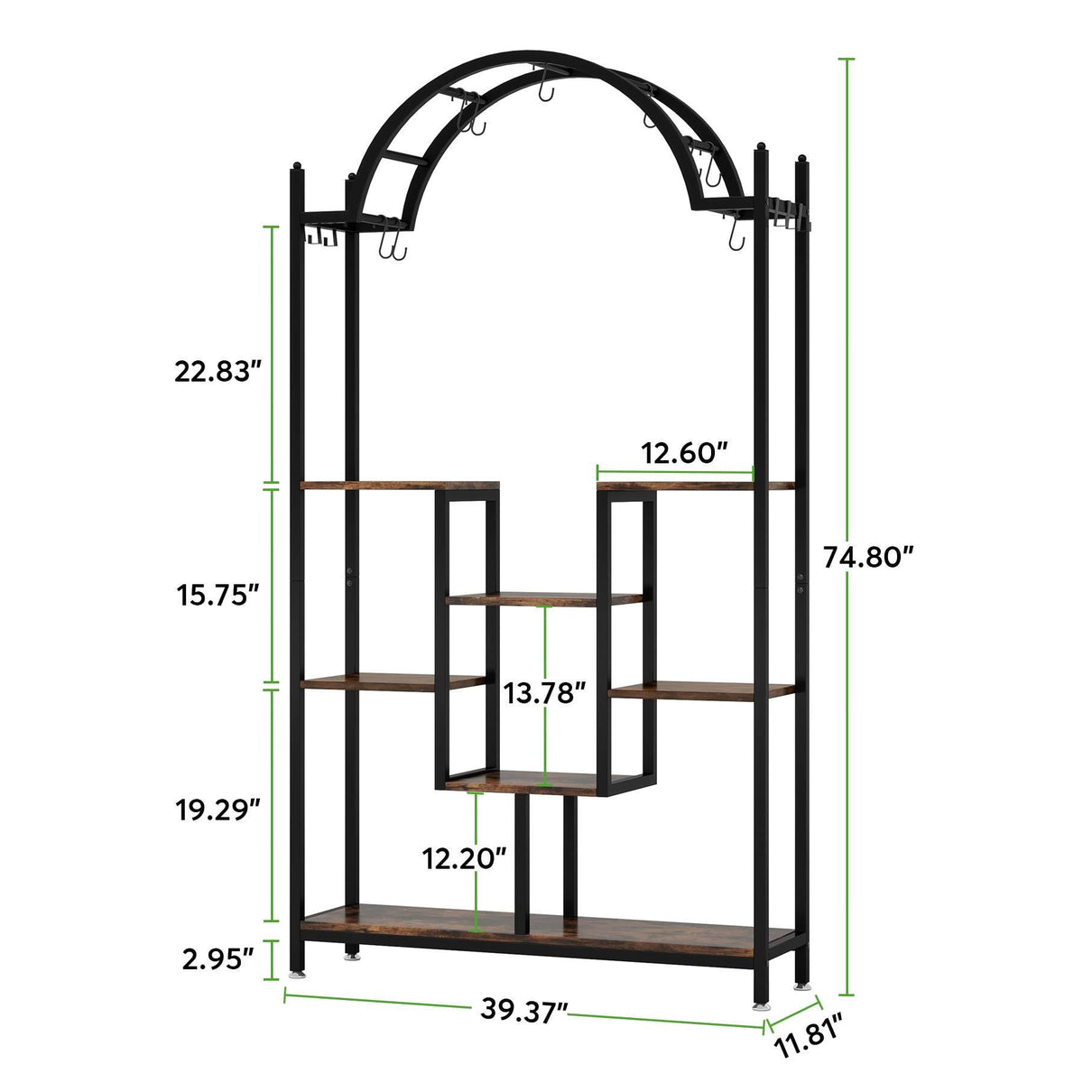 Dimension diagram: 39.37 x 11.81 x 74.8 in with staggered tier heights