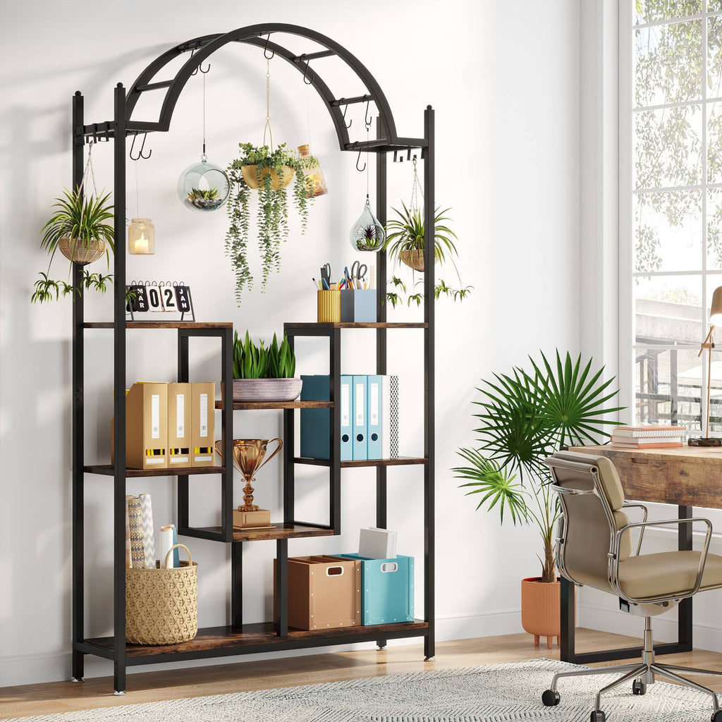 Arched display rack used for plants and files in a home office
