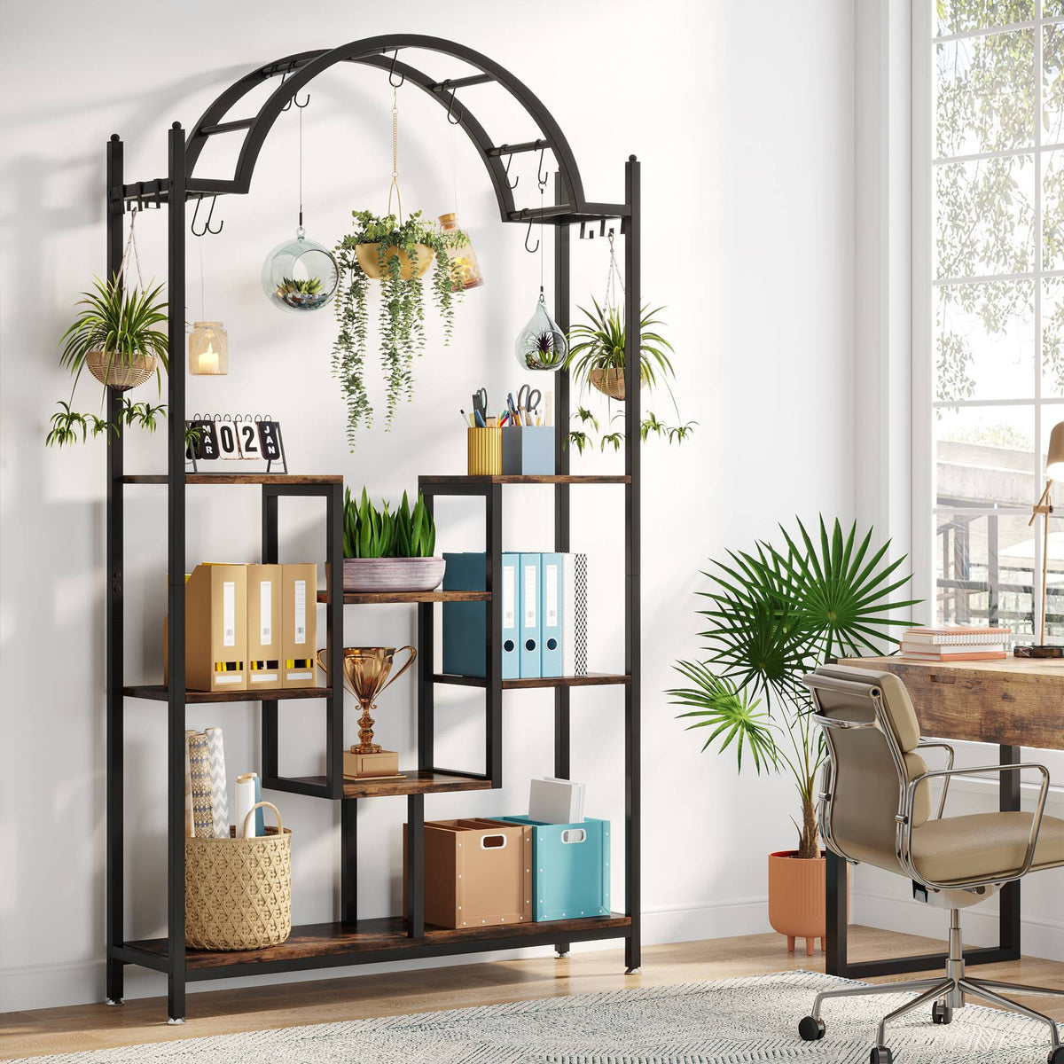 Arched display rack used for plants and files in a home office