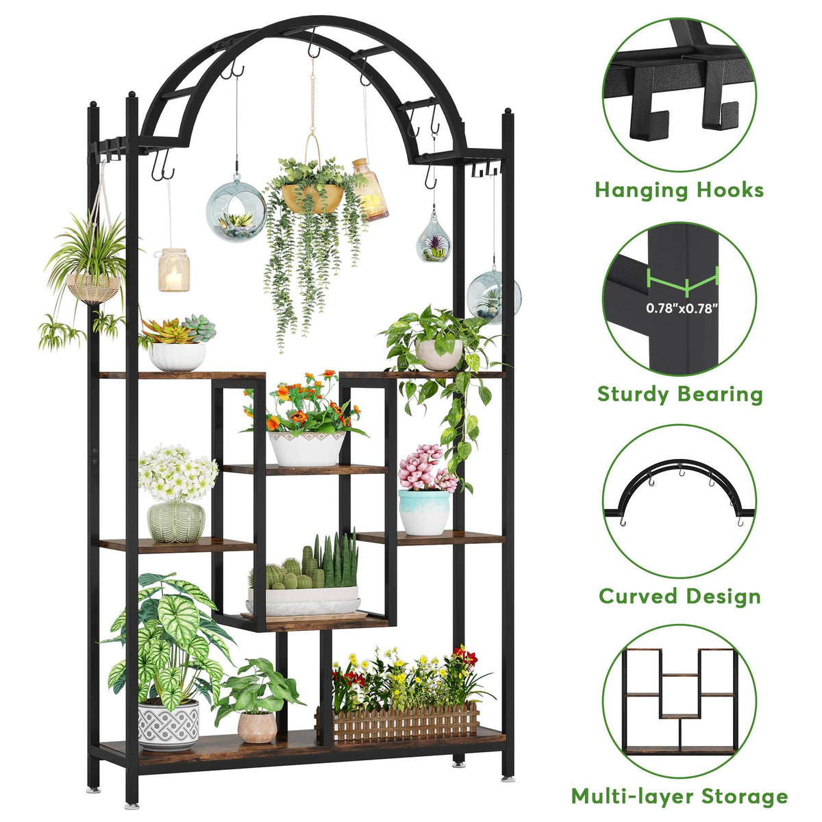 Hanging hooks, sturdy bearing, curved design and multi layer storage callouts