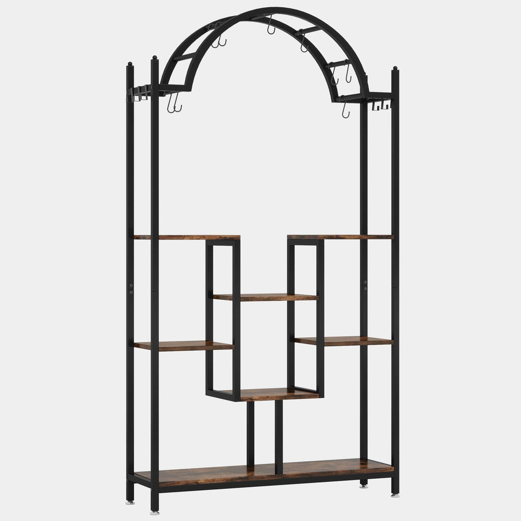Arched 5 tier plant stand with black metal frame on a plain background