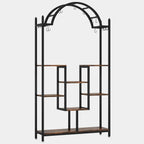 Arched 5 tier plant stand with black metal frame on a plain background