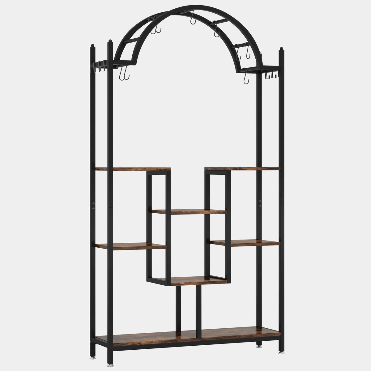 Arched 5 tier plant stand with black metal frame on a plain background