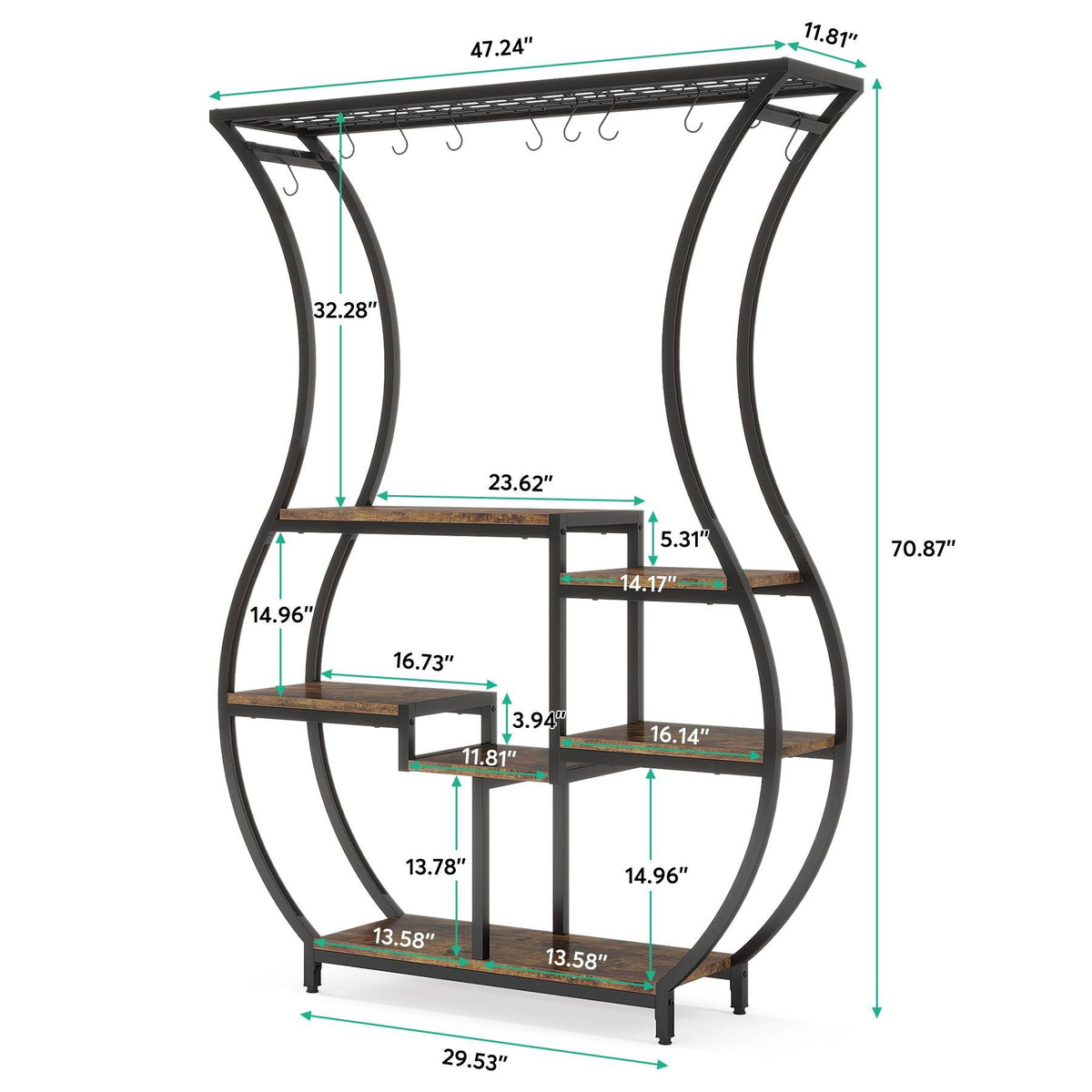 Dimension diagram: 47.24 x 11.81 x 70.87 in with a 29.53 in base and shelf sizes