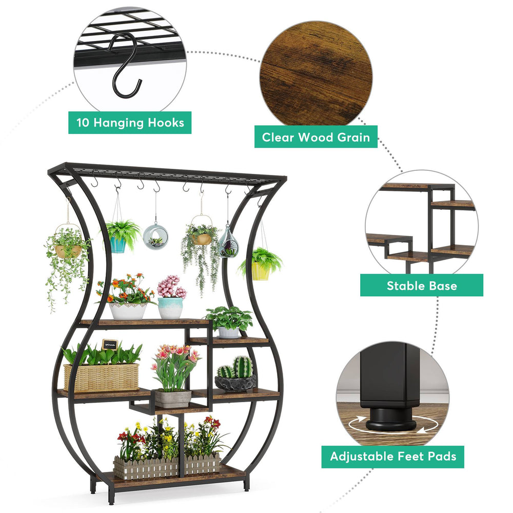 Ten hanging hooks, wood grain, stable base and adjustable feet pad callouts