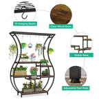 Ten hanging hooks, wood grain, stable base and adjustable feet pad callouts