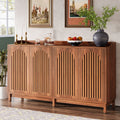 Stowena 57 inch sideboard buffet in brown walnut with four arched louvered doors under wall art