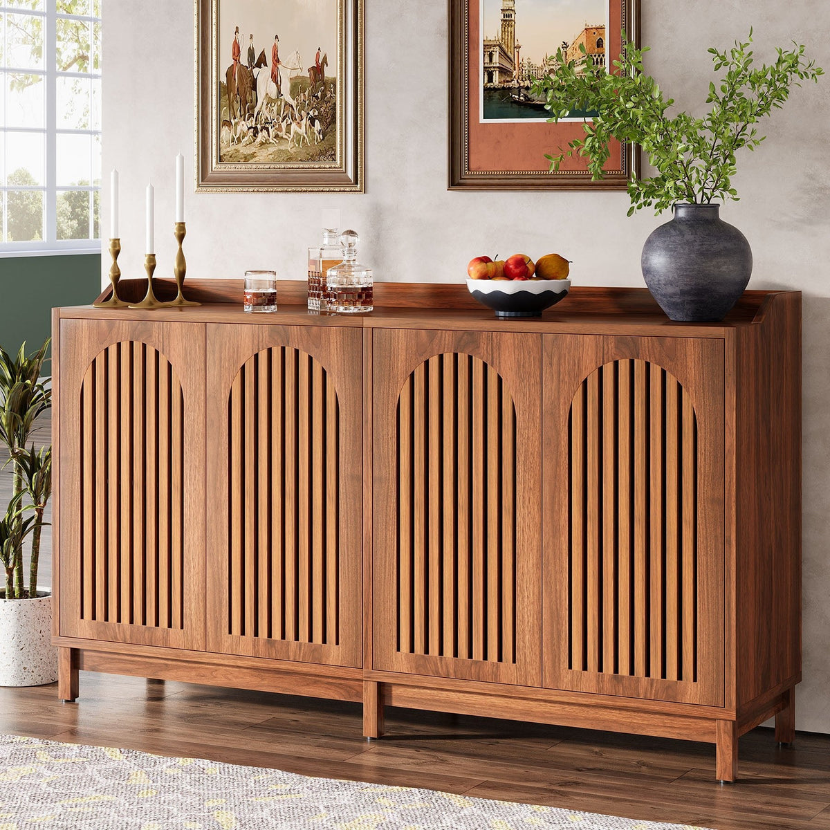 Stowena 57 inch sideboard buffet in brown walnut with four arched louvered doors under wall art