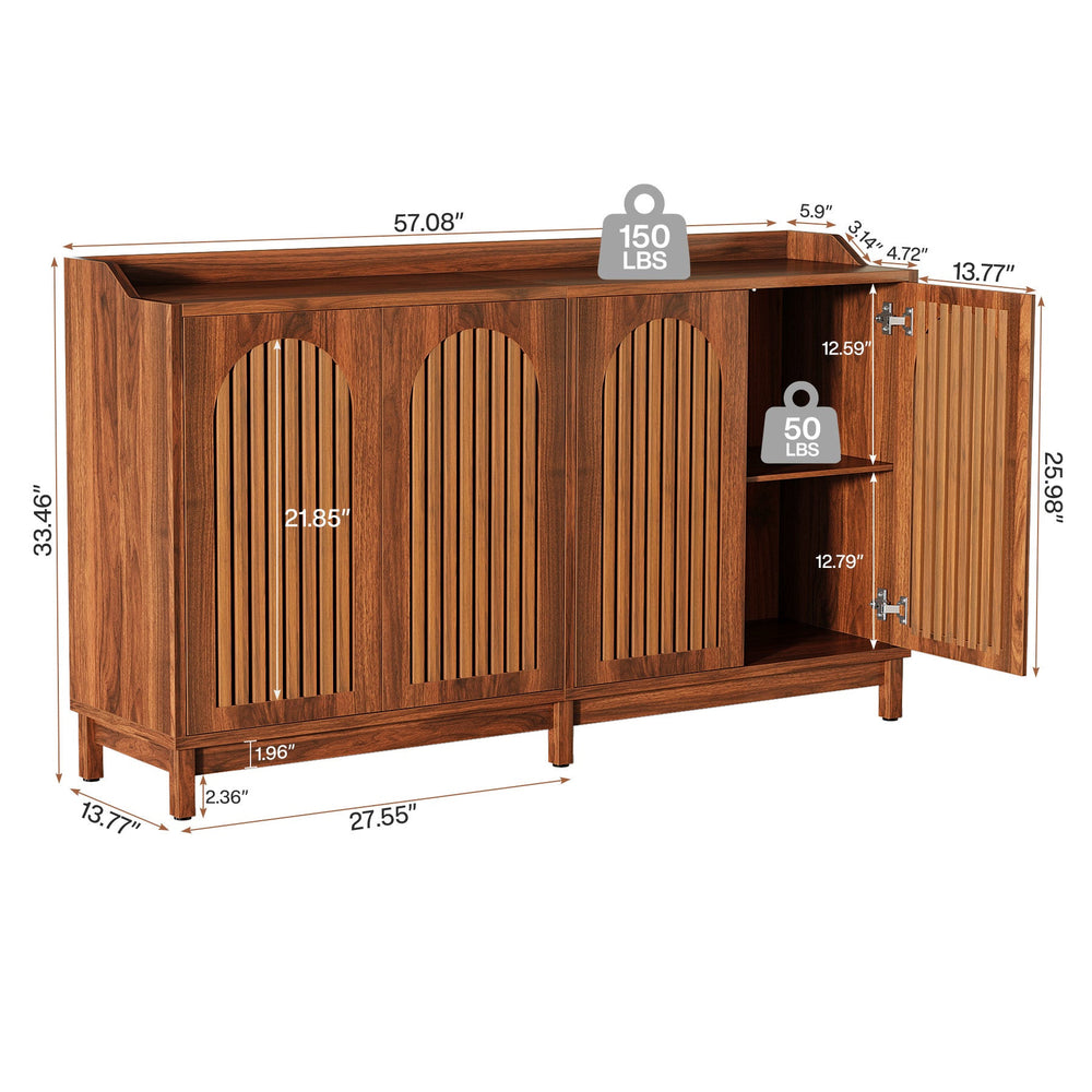 Dimension diagram: 57.08 in wide, 13.77 in deep, 33.46 in tall with 150 lb top and 50 lb shelf capacity