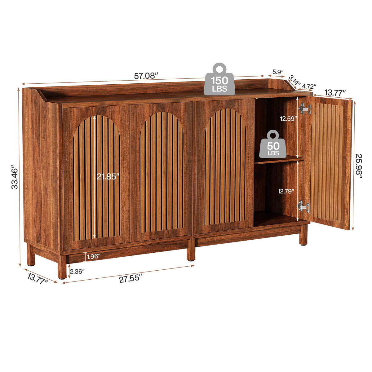 Dimension diagram: 57.08 in wide, 13.77 in deep, 33.46 in tall with 150 lb top and 50 lb shelf capacity