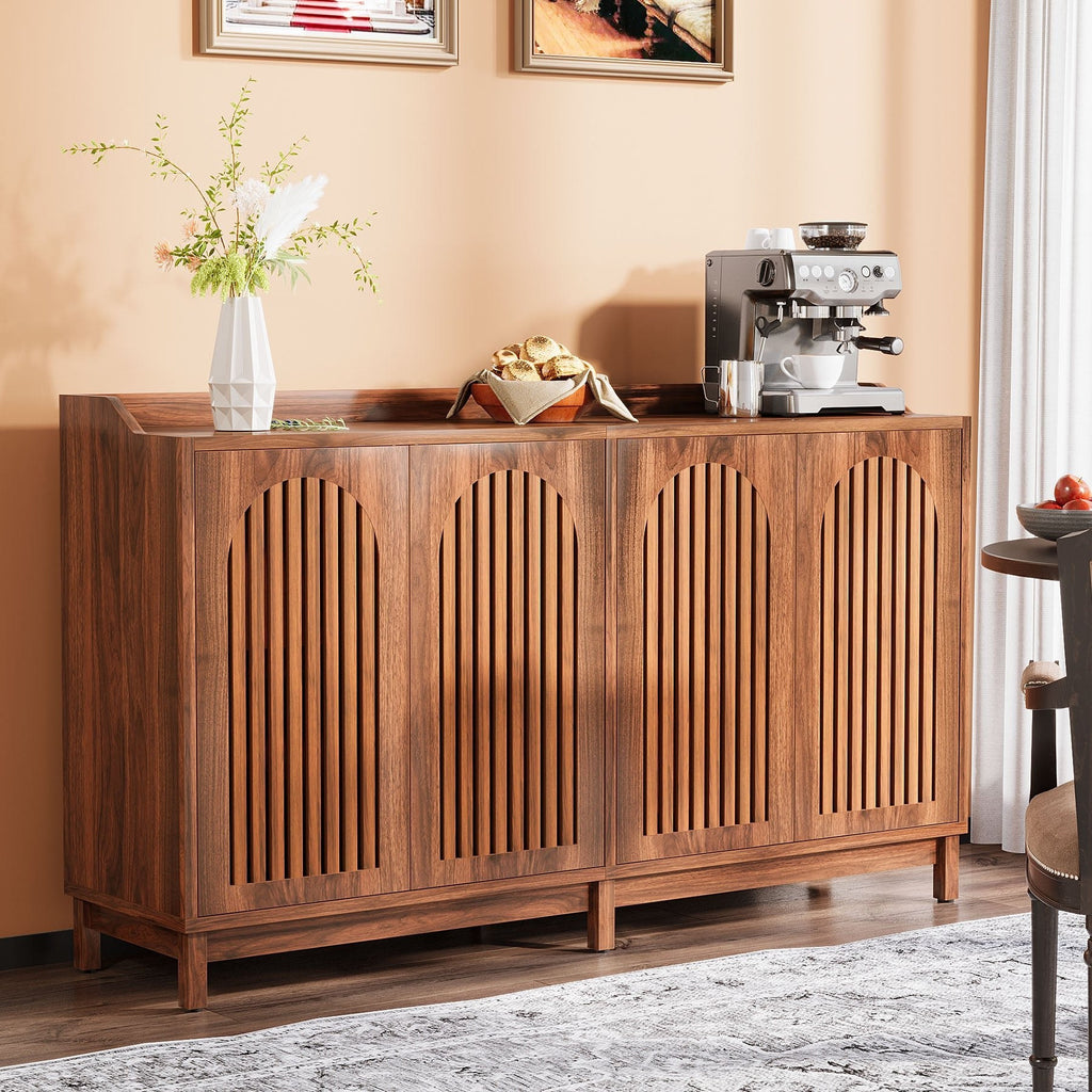 Louvered door buffet cabinet as a coffee station with a coffee maker and bowls on top