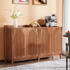 Louvered door buffet cabinet as a coffee station with a coffee maker and bowls on top