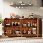 57 inch sideboard with doors open showing adjustable shelves stocked with jars, bottles and kitchen goods