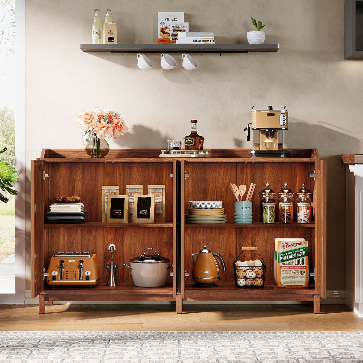 57 inch sideboard with doors open showing adjustable shelves stocked with jars, bottles and kitchen goods