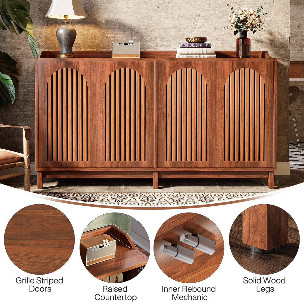 Detail composite: grille striped doors, raised countertop, inner rebound pop-up mechanic, solid wood legs