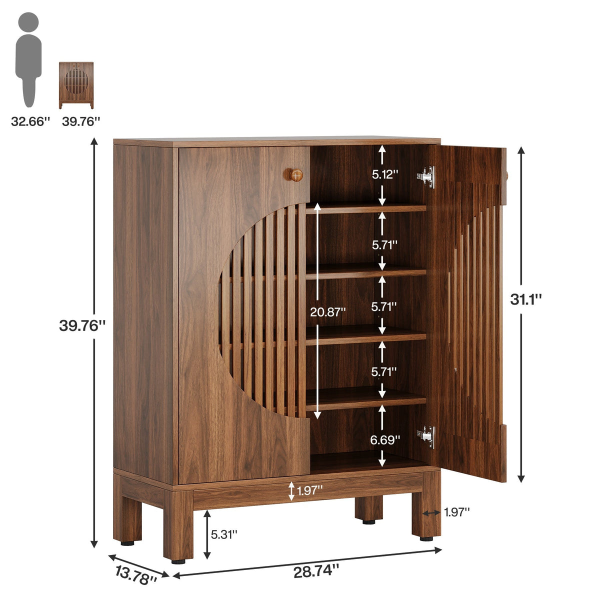 Dimension diagram: 28.74 in wide, 13.78 in deep, 39.76 in tall with interior shelf spacing