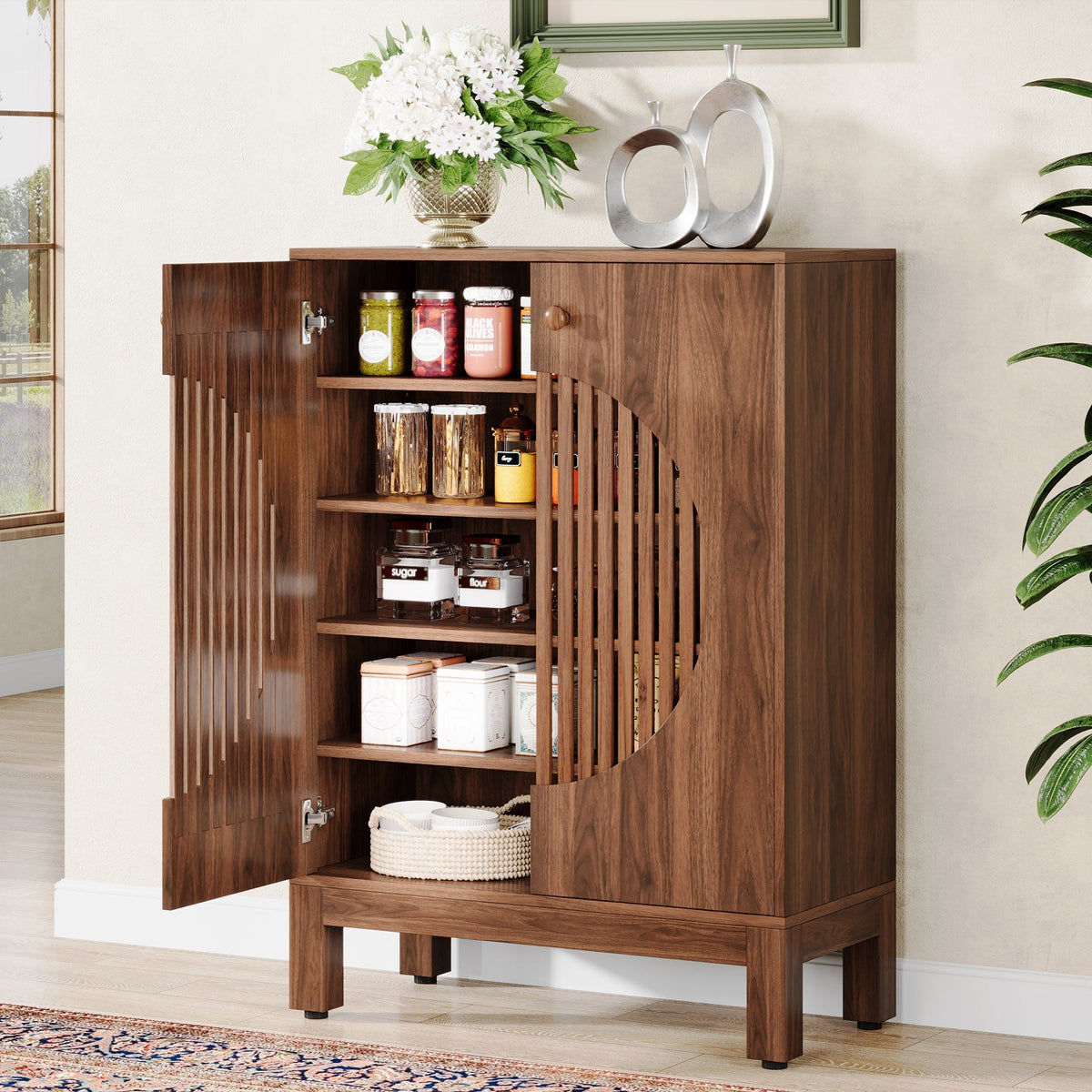 Buffet cabinet with one door open showing five tiers of jars and dishes
