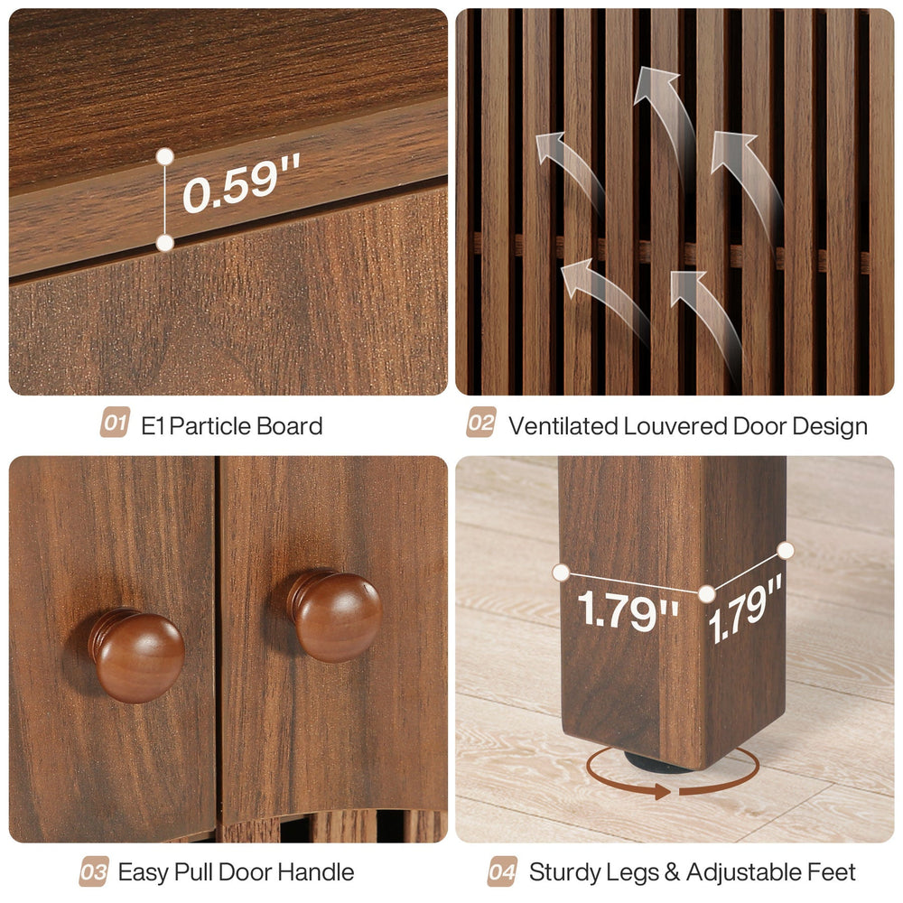 Detail grid: E1 particle board, ventilated louvered doors, pull handles, 1.79 inch legs