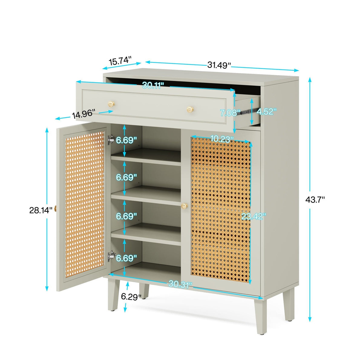 Dimension diagram: 31.49 in wide, 15.74 in deep, 43.7 in tall with 6.69 in adjustable shelf steps and 6.29 in legs