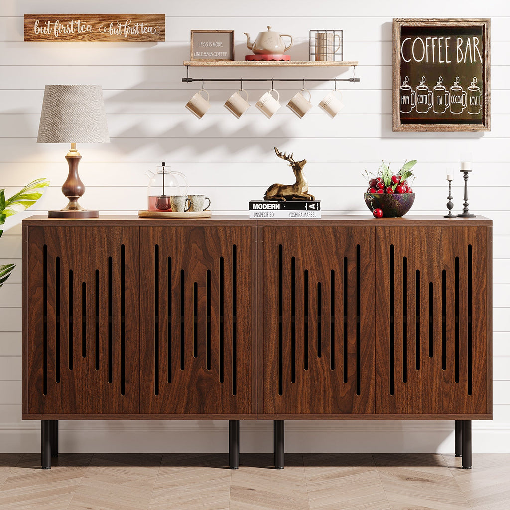 Walnut sideboard run styled as a coffee bar against a white wall