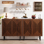Walnut sideboard run styled as a coffee bar against a white wall