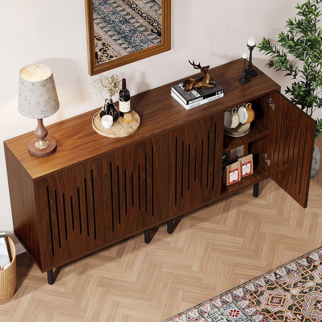 Walnut cabinets with a door open showing the interior shelf and slatted fronts