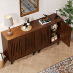 Walnut cabinets with a door open showing the interior shelf and slatted fronts