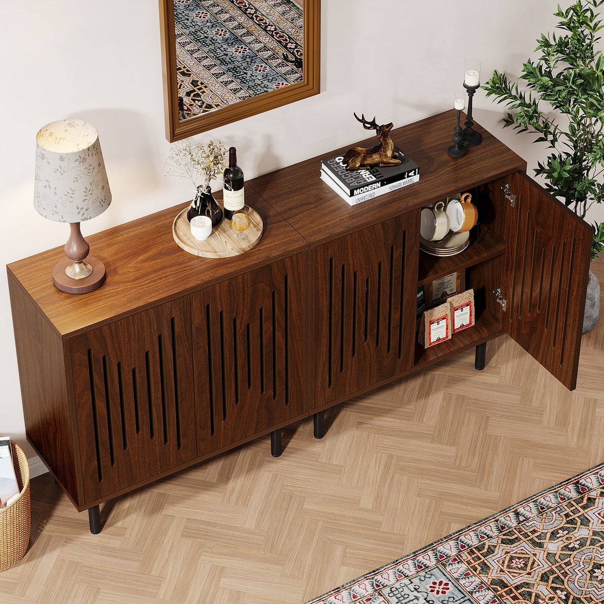 Walnut cabinets with a door open showing the interior shelf and slatted fronts