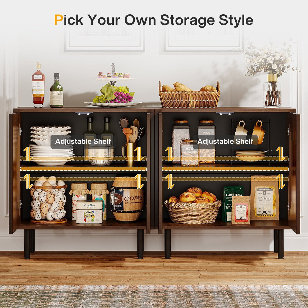 Two separate cabinets with doors open, each with its own adjustable shelf