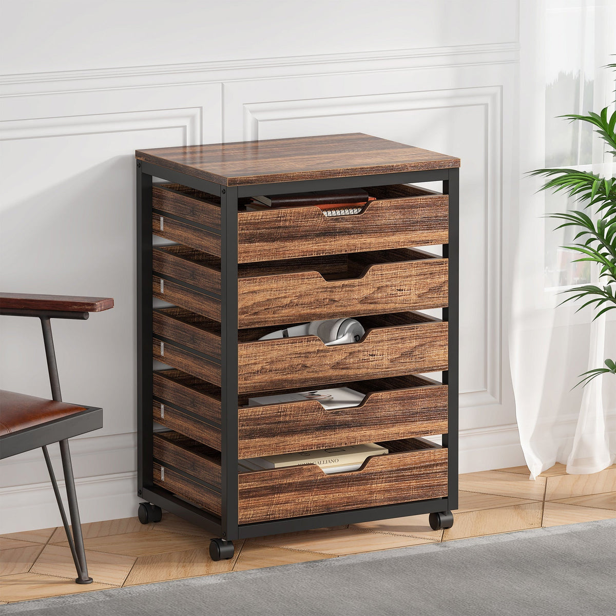 Rustic brown five drawer rolling chest beside a desk chair in a bright room
