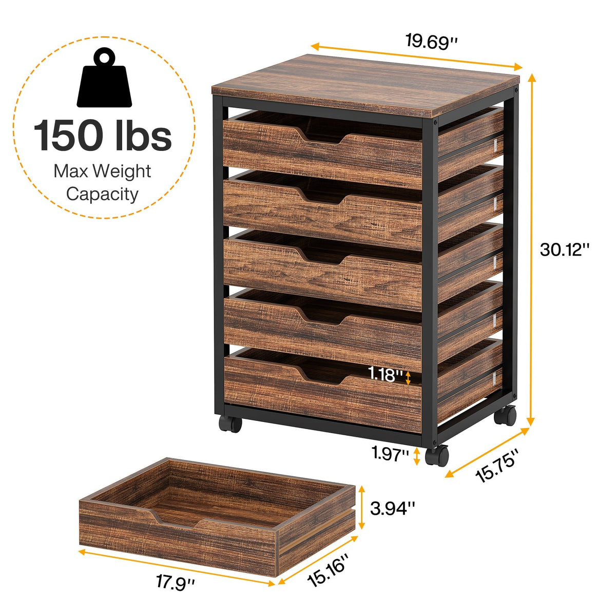 Dimension diagram showing 19.69 by 15.75 by 30.12 inches and a 150 pound capacity