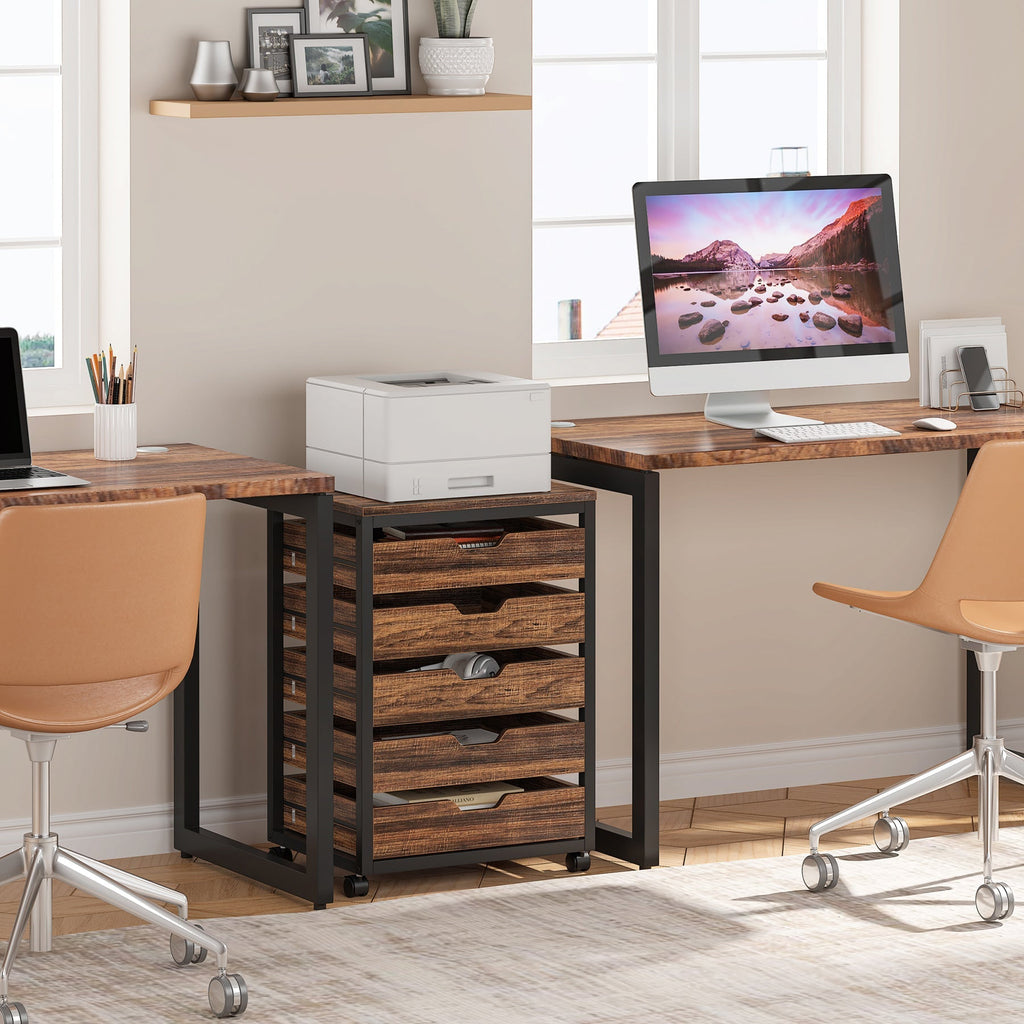 The rolling chest tucked under a home office desk beside an office chair