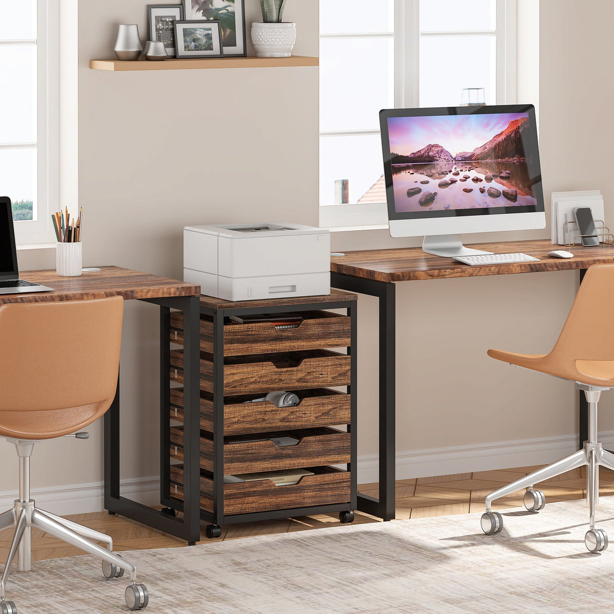 The rolling chest tucked under a home office desk beside an office chair