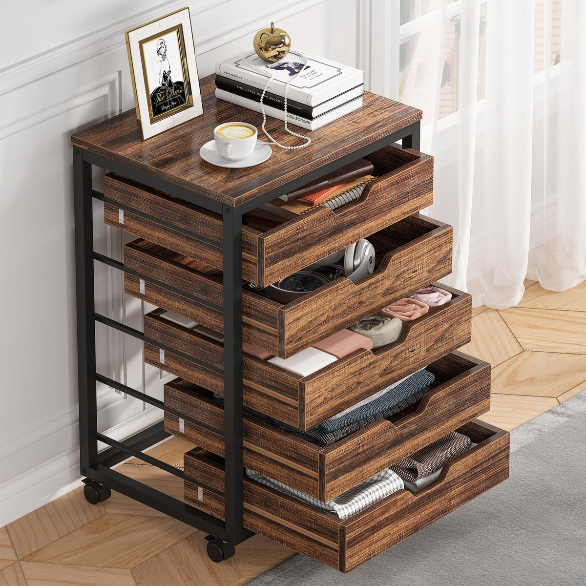 All five drawers open showing one shallow layer of items in each