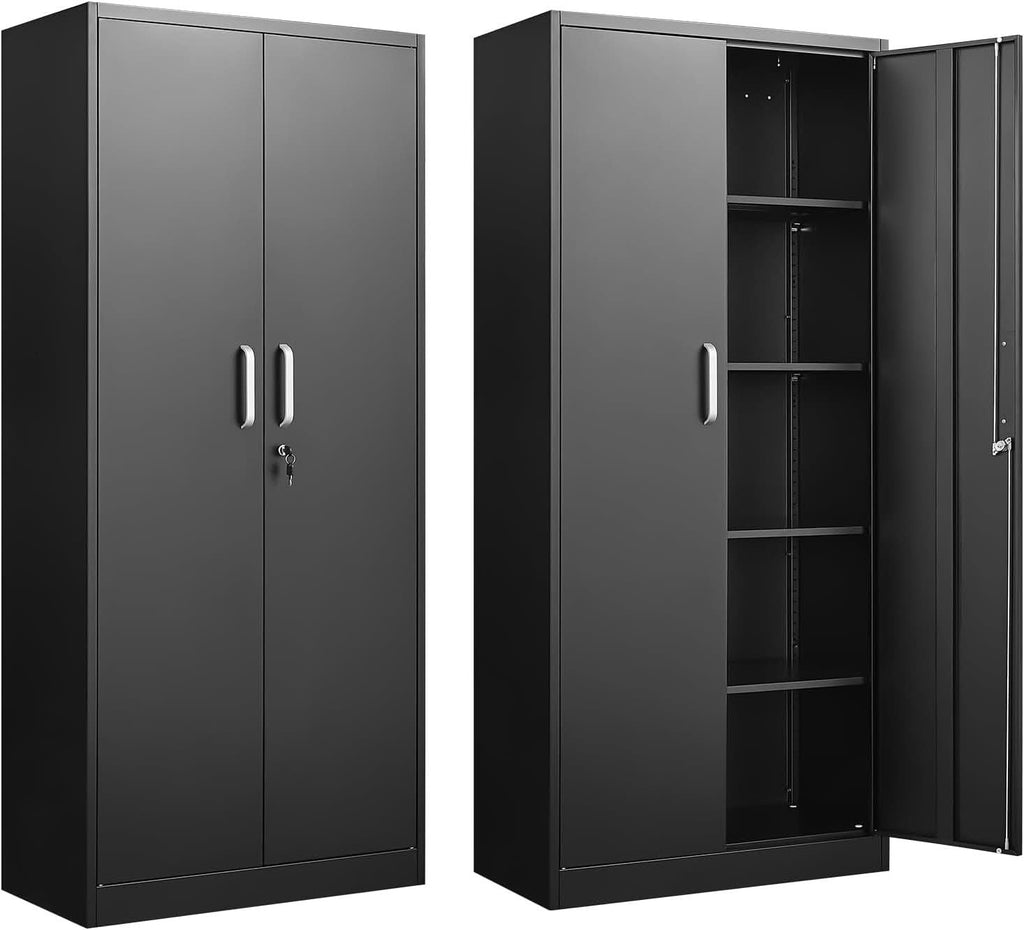 Black metal storage cabinet 70.87 x 31.5 x 15.7 in on a white background, shown closed and with one door open revealing four adjustable shelves