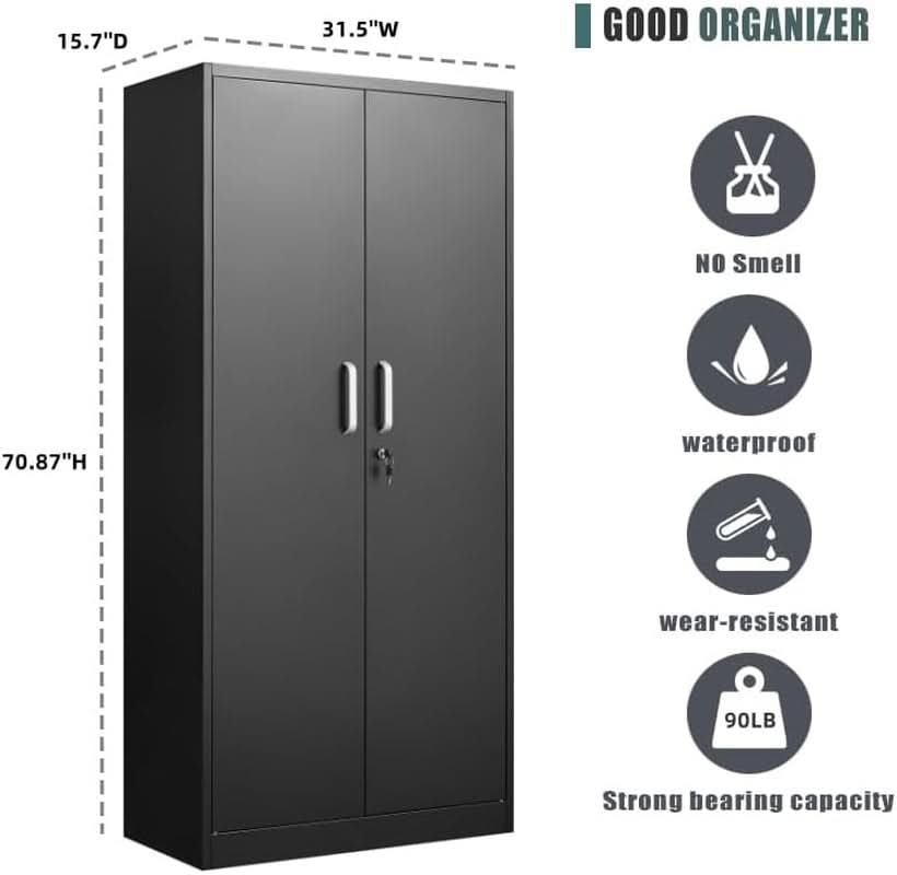 Dimension diagram: metal storage cabinet 31.5 in wide, 15.7 in deep, 70.87 in high, with odour, waterproof and wear resistant callouts